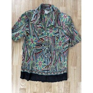 Alberto Makali Embellished Crinkle Top Shirt Blouse Button Down Colorful Size M
